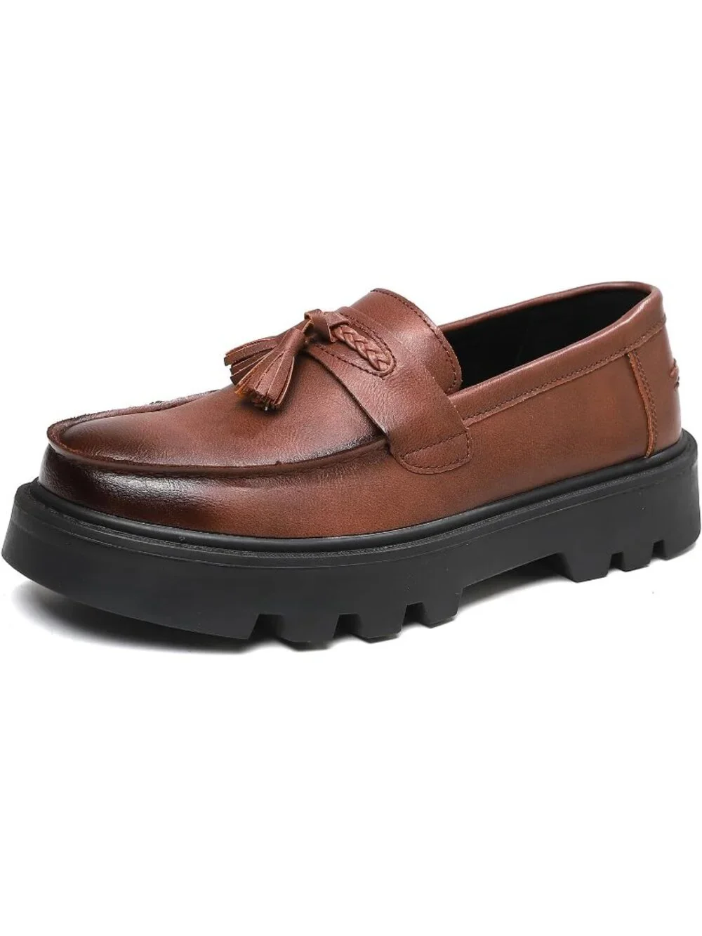 Men's Brown Patent Leather Loafers Chunky Heel Tassel Slip On Dress Shoes